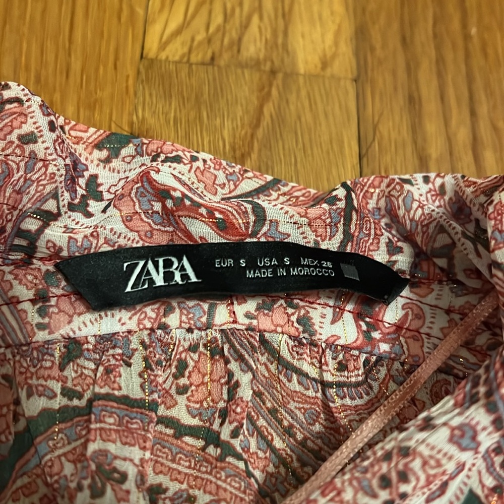 Zara Women's Blouse Pink Multicolor Paisley V-Neck Tie Long Sleeve Shirt Top S - Picture 6 of 12